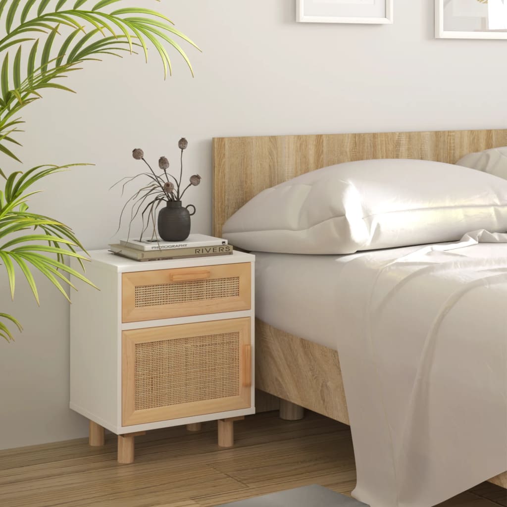 Nachttische 2 Stk. Massivholz Kiefer Und Natur-Rattan
