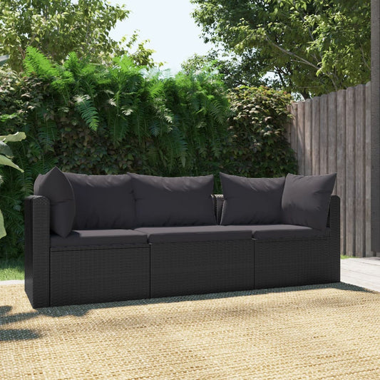 3-Tlg. Garten-Sofagarnitur Mit Auflagen Poly Rattan Schwarz