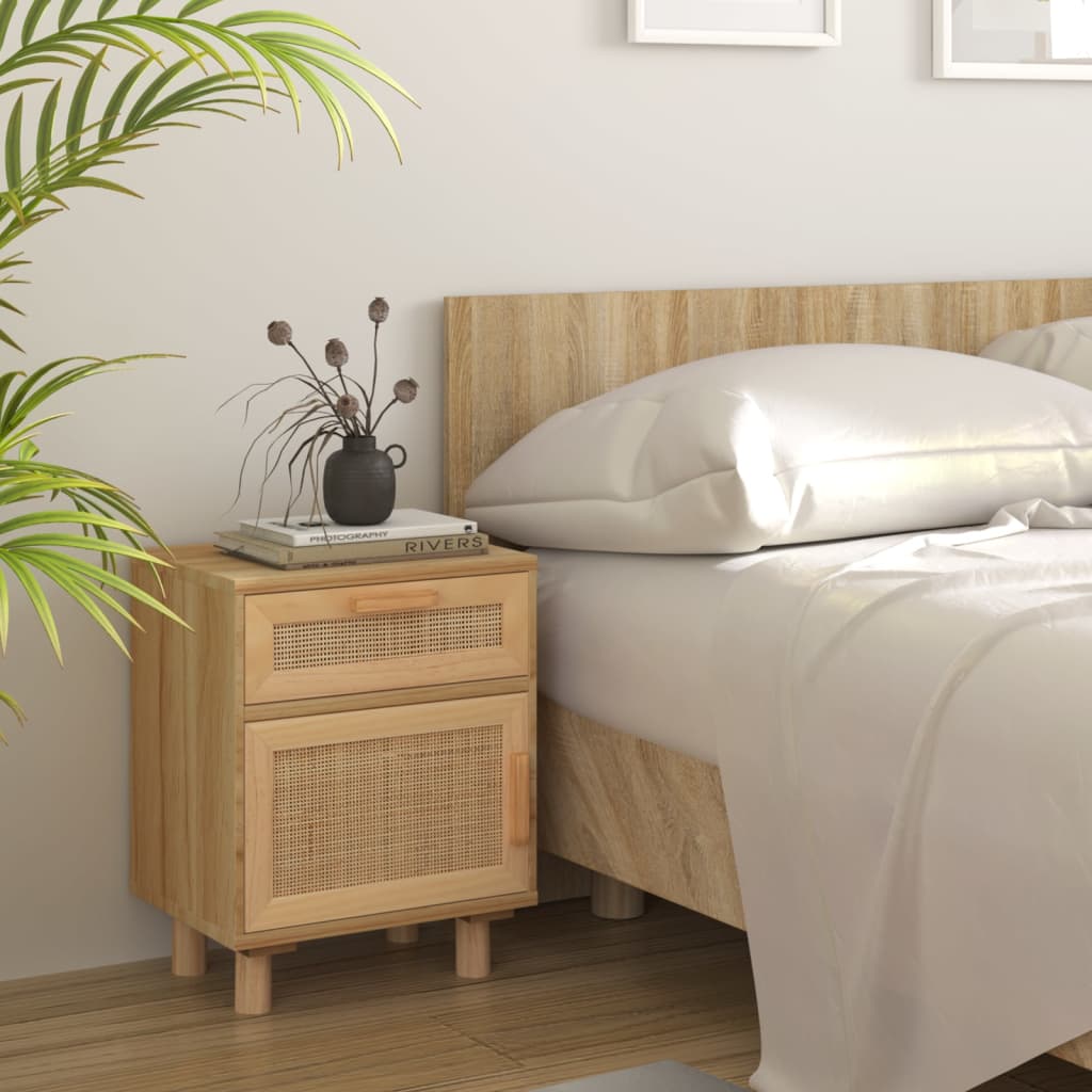 Nachttische 2 Stk. Massivholz Kiefer Und Natur-Rattan