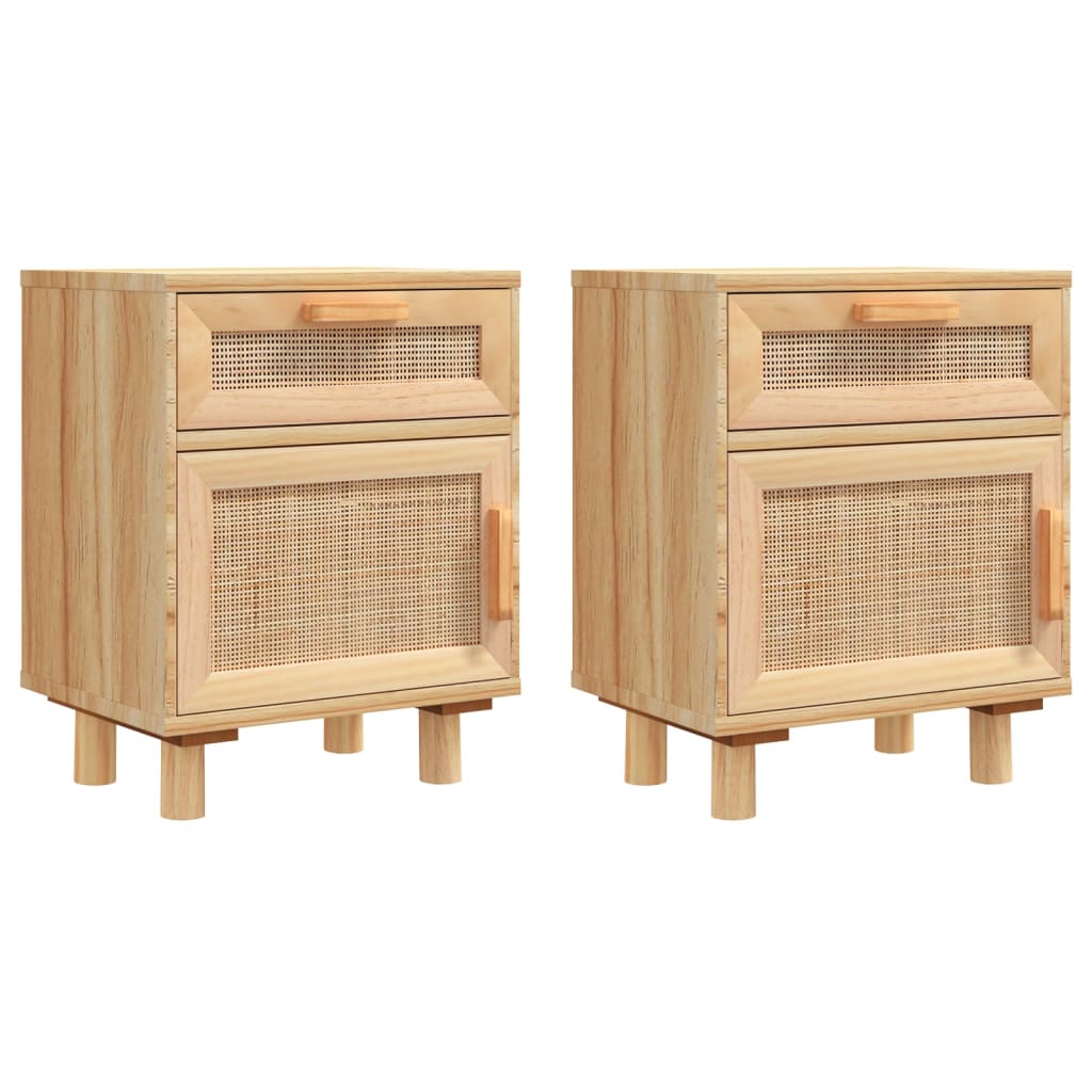 Nachttische 2 Stk. Massivholz Kiefer Und Natur-Rattan
