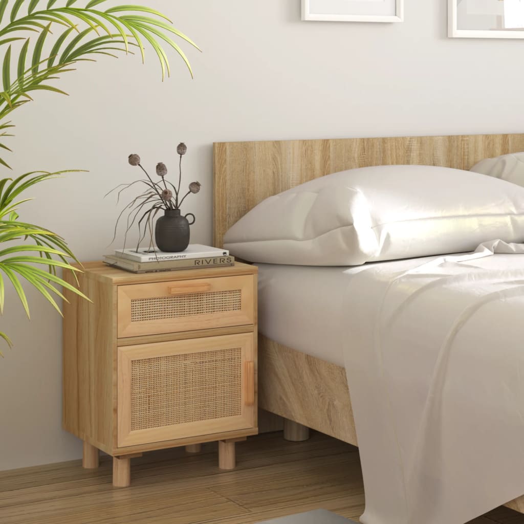 Nachttische 2 Stk. Massivholz Kiefer Und Natur-Rattan