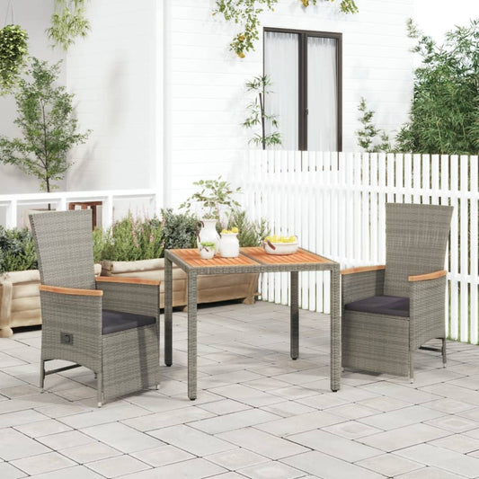 3-Tlg. Garten-Essgruppe Mit Kissen Grau Poly Rattan
